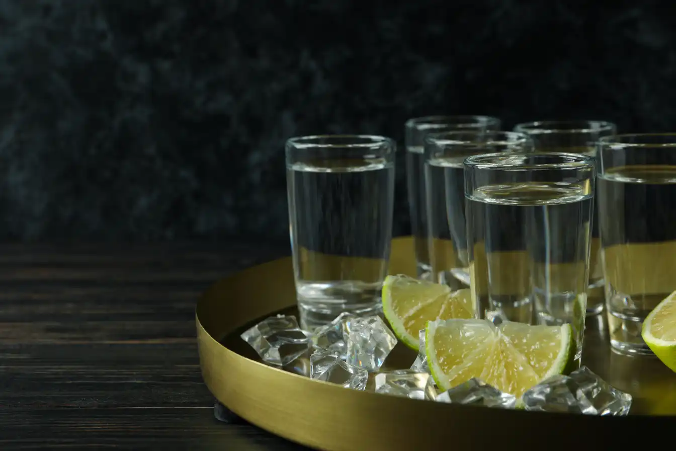 Kieliszki ustawione na złotej tacy z kawałkami limonki i lodem